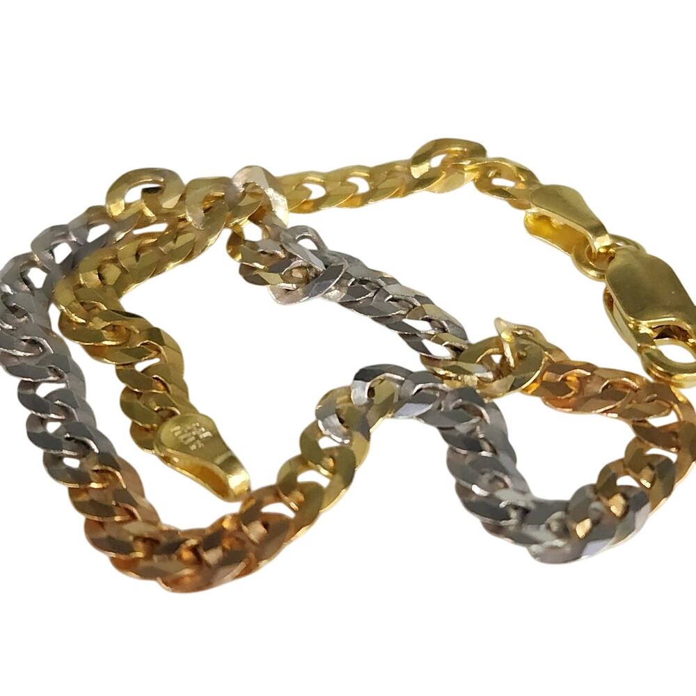 925 sterling silver Tri-color diamond cut link bracelet 7.5"